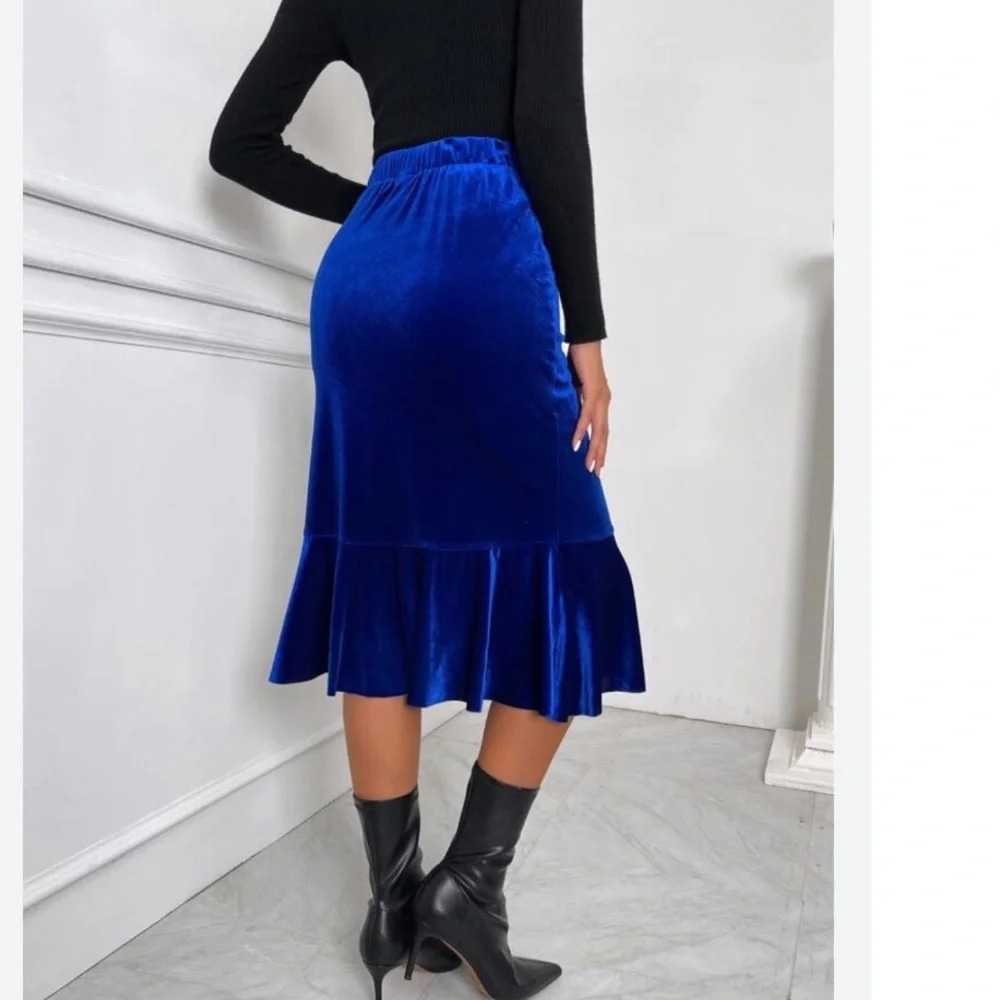 Shein High Waist Ruffle Hem Velvet Skirt